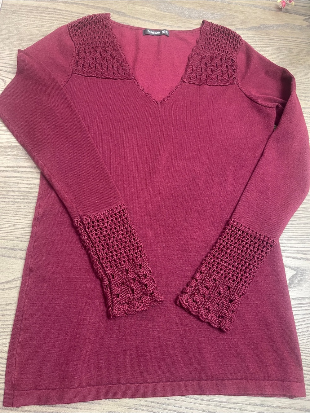 PattiBoutik Deep Maroon V-Neck Sweater with Crochet Detail